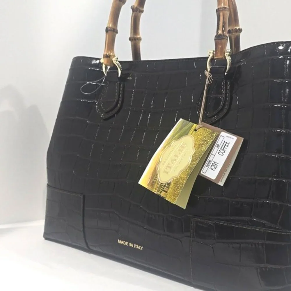 NWT ✅ Pratesi Firenze Italian K291 Triple Compartment Croc Leather Bag BROWN